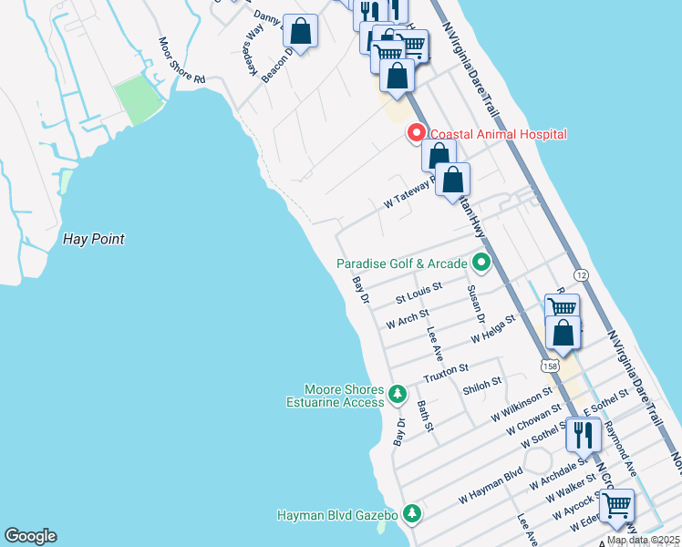 map of restaurants, bars, coffee shops, grocery stores, and more near 3504 Bay Drive in Kitty Hawk