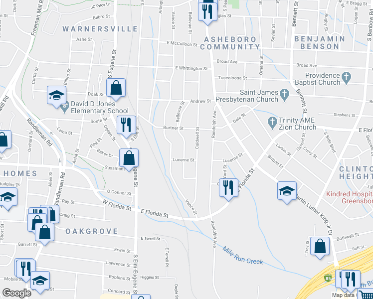 map of restaurants, bars, coffee shops, grocery stores, and more near 1409 Bellevue Street in Greensboro
