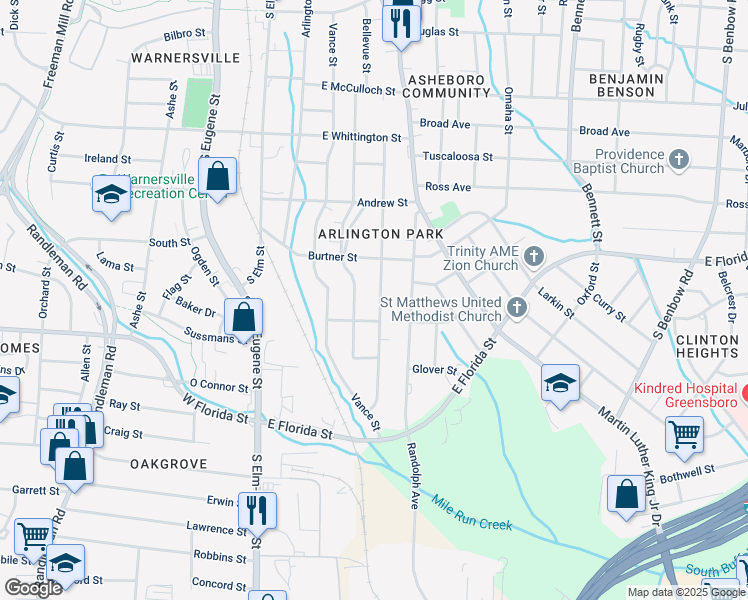 map of restaurants, bars, coffee shops, grocery stores, and more near 1310 Caldwell Street in Greensboro