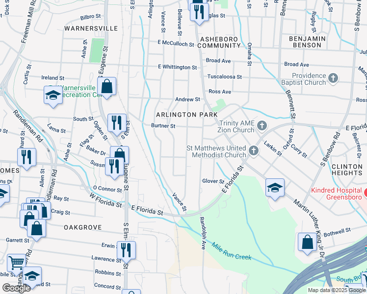 map of restaurants, bars, coffee shops, grocery stores, and more near 1310 Caldwell Street in Greensboro