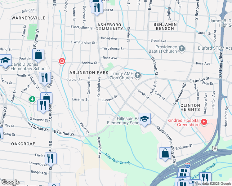 map of restaurants, bars, coffee shops, grocery stores, and more near in Greensboro