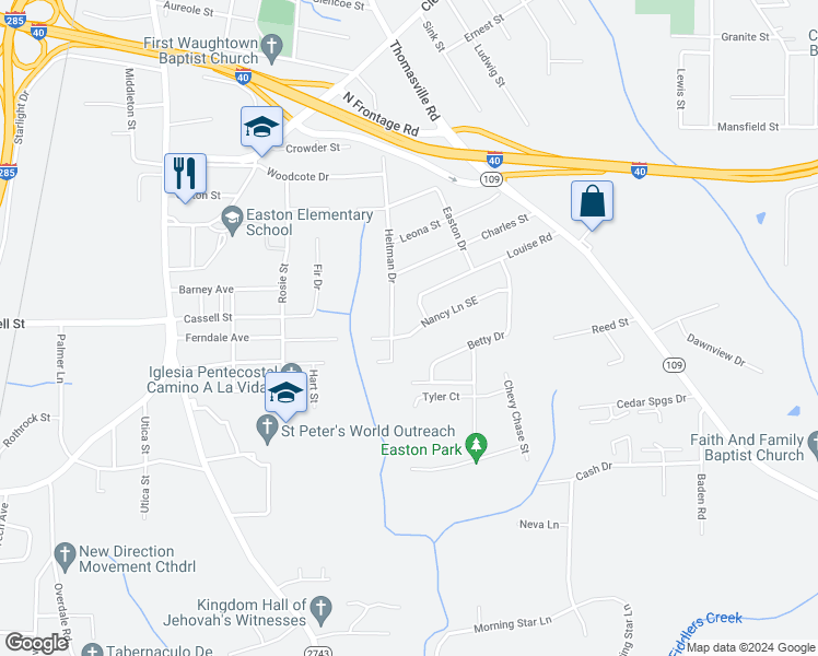 map of restaurants, bars, coffee shops, grocery stores, and more near 1005 Nancy Lane Southeast in Winston-Salem
