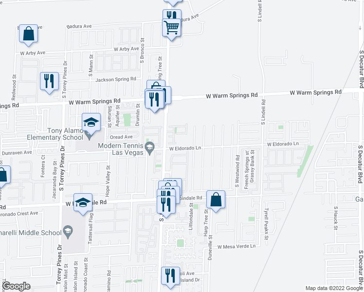 map of restaurants, bars, coffee shops, grocery stores, and more near 7600 South Jones Boulevard in Las Vegas