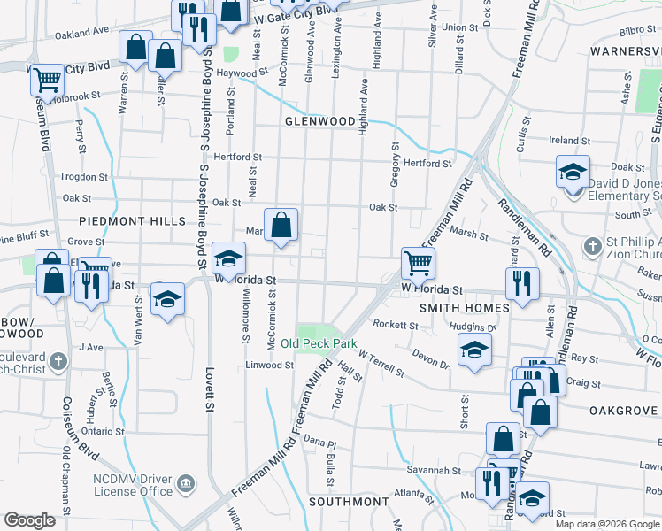 map of restaurants, bars, coffee shops, grocery stores, and more near 1006 West Florida Street in Greensboro