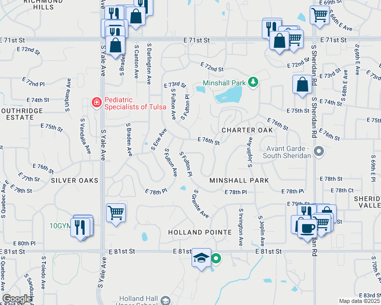 map of restaurants, bars, coffee shops, grocery stores, and more near 7723 South Fulton Place in Tulsa