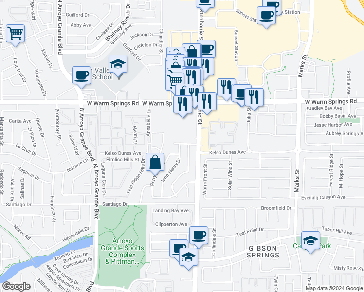 map of restaurants, bars, coffee shops, grocery stores, and more near 356 John Henry Drive in Henderson