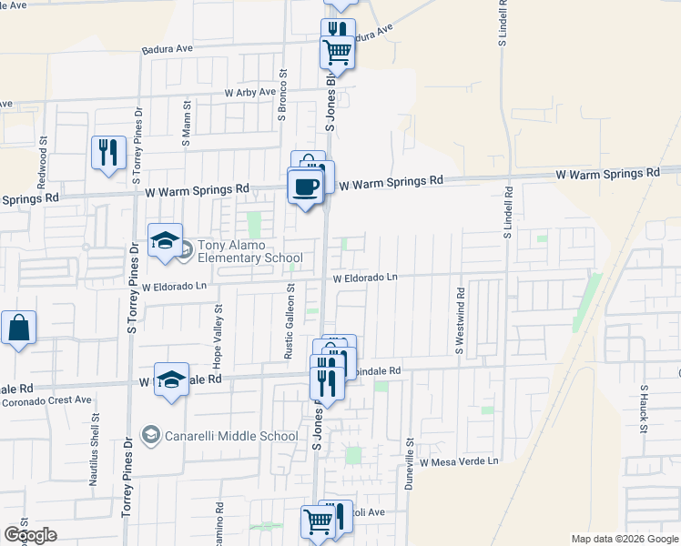 map of restaurants, bars, coffee shops, grocery stores, and more near 6051 Alameda Padre Avenue in Las Vegas