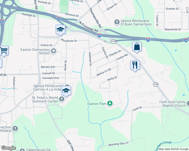 map of restaurants, bars, coffee shops, grocery stores, and more near 1006 Nancy Lane Southeast in Winston-Salem