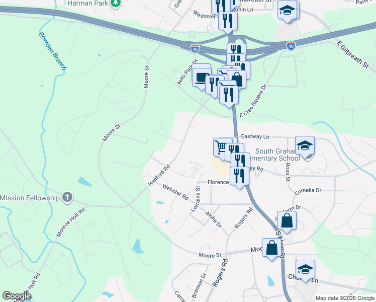 map of restaurants, bars, coffee shops, grocery stores, and more near 306 Kim Drive in Graham