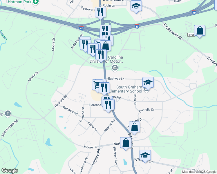 map of restaurants, bars, coffee shops, grocery stores, and more near 912 South Main Street in Graham