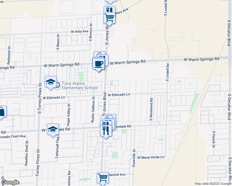 map of restaurants, bars, coffee shops, grocery stores, and more near 7600 South Jones Boulevard in Las Vegas