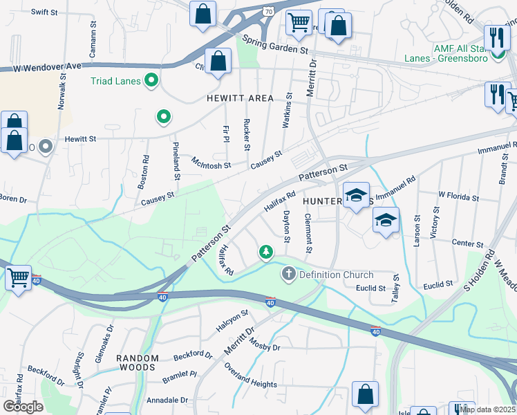 map of restaurants, bars, coffee shops, grocery stores, and more near 1300 Juniper Street in Greensboro