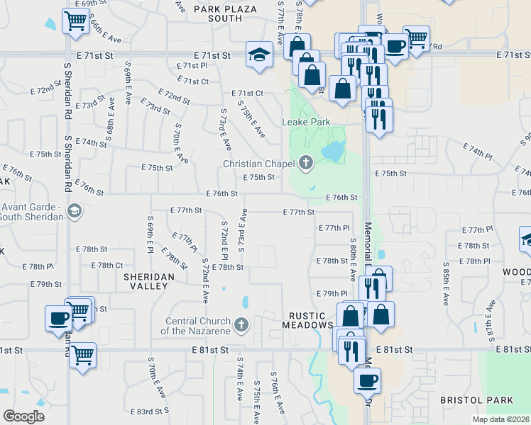 map of restaurants, bars, coffee shops, grocery stores, and more near 7508 East 77th Street in Tulsa