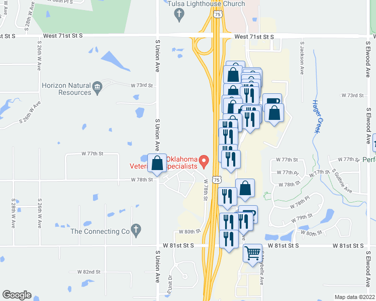 map of restaurants, bars, coffee shops, grocery stores, and more near 1525 West 78th Street in Tulsa