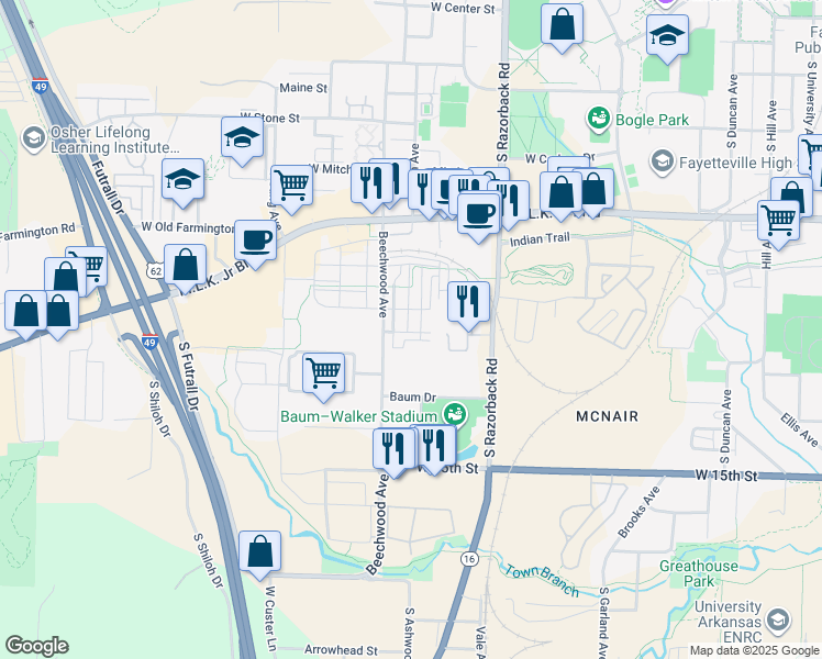 map of restaurants, bars, coffee shops, grocery stores, and more near 1620 West Beech Place in Fayetteville