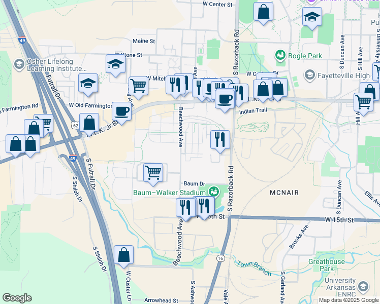 map of restaurants, bars, coffee shops, grocery stores, and more near 1644 West Beech Place in Fayetteville