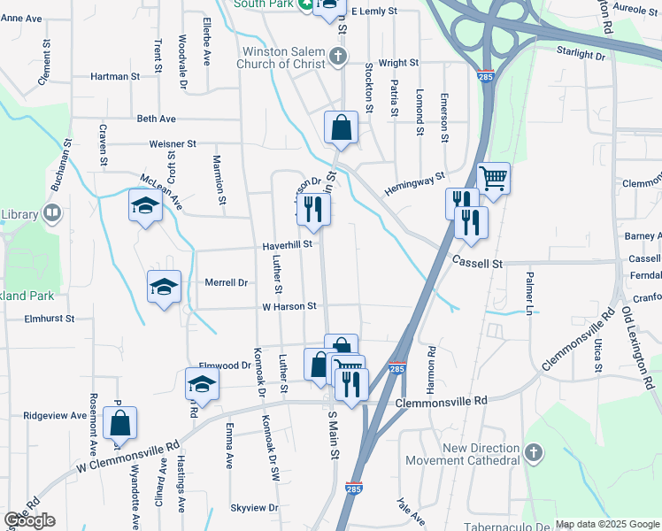 map of restaurants, bars, coffee shops, grocery stores, and more near 3221 South Main Street in Winston-Salem