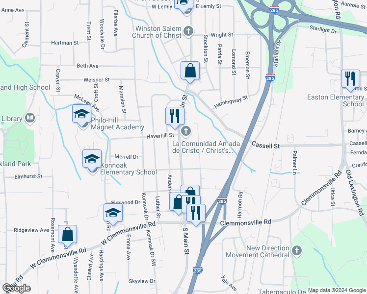 map of restaurants, bars, coffee shops, grocery stores, and more near 3221 South Main Street in Winston-Salem