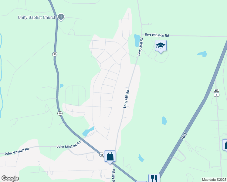 map of restaurants, bars, coffee shops, grocery stores, and more near Meadowrue Lane in Youngsville