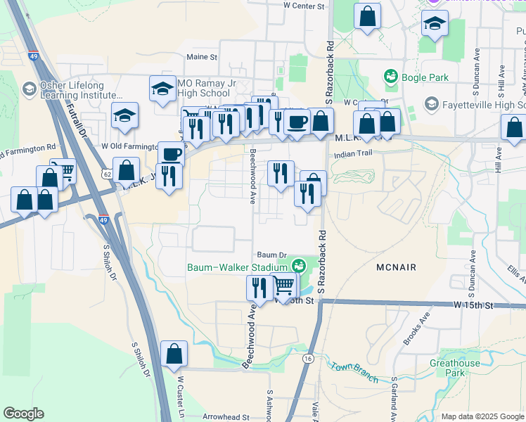 map of restaurants, bars, coffee shops, grocery stores, and more near 1658 West Beech Place in Fayetteville