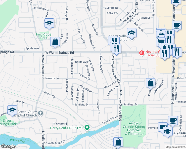 map of restaurants, bars, coffee shops, grocery stores, and more near 1670 Duarte Drive in Henderson