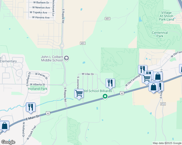 map of restaurants, bars, coffee shops, grocery stores, and more near 3814 West Lilac Drive in Fayetteville