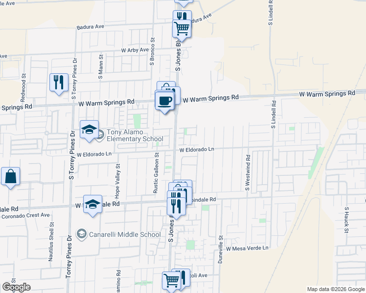 map of restaurants, bars, coffee shops, grocery stores, and more near 6051 Alameda Padre Avenue in Las Vegas