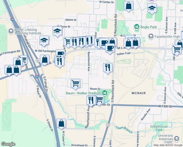 map of restaurants, bars, coffee shops, grocery stores, and more near 1660 West Beech Place in Fayetteville