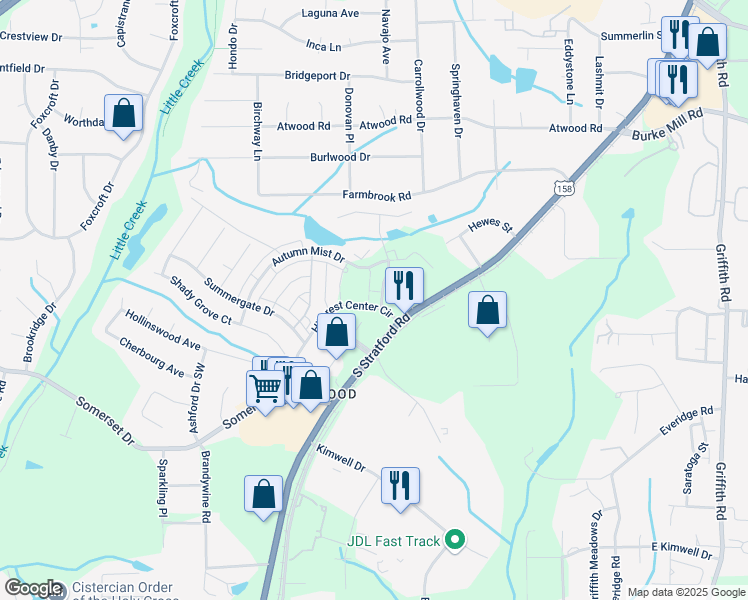 map of restaurants, bars, coffee shops, grocery stores, and more near 290 Hillcrest Center Drive in Winston-Salem