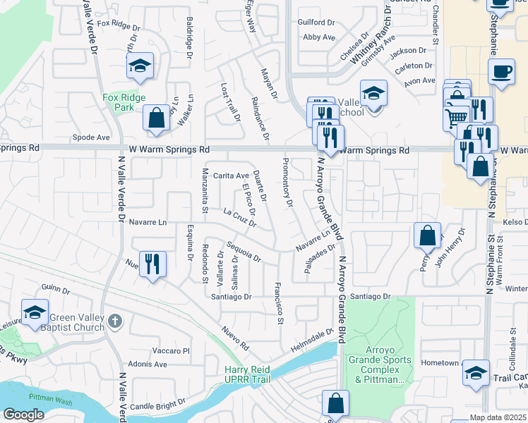 map of restaurants, bars, coffee shops, grocery stores, and more near 1670 Duarte Drive in Henderson