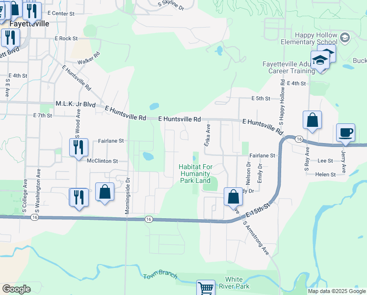 map of restaurants, bars, coffee shops, grocery stores, and more near 792 South Seven Hills Court in Fayetteville