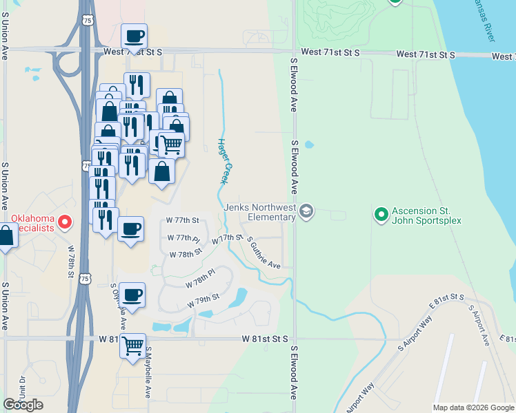 map of restaurants, bars, coffee shops, grocery stores, and more near 7602 South Elwood Avenue in Tulsa