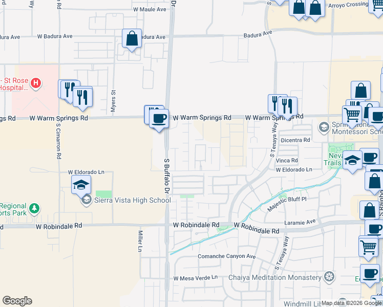 map of restaurants, bars, coffee shops, grocery stores, and more near 7428 Amesbury Street in Las Vegas