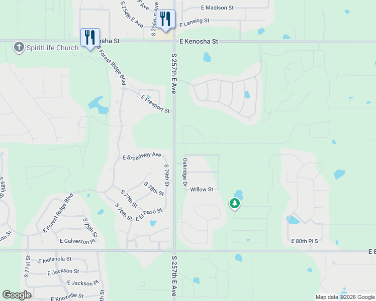 map of restaurants, bars, coffee shops, grocery stores, and more near 25823 East Cottonwood Street in Broken Arrow
