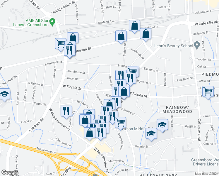 map of restaurants, bars, coffee shops, grocery stores, and more near 2514 Rowe Street in Greensboro