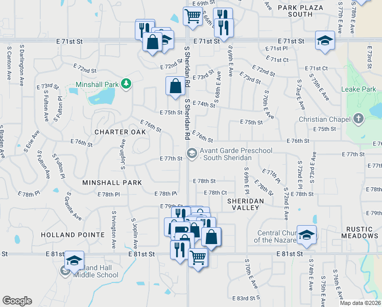 map of restaurants, bars, coffee shops, grocery stores, and more near 7607 South Sheridan Road in Tulsa