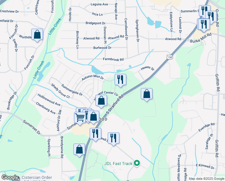 map of restaurants, bars, coffee shops, grocery stores, and more near 2431 Eagle Creek Court in Winston-Salem