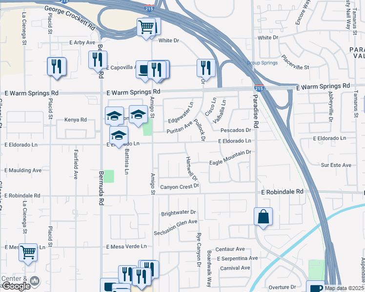 map of restaurants, bars, coffee shops, grocery stores, and more near 715 East Eldorado Lane in Las Vegas