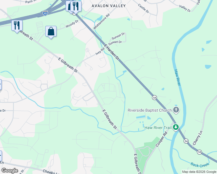 map of restaurants, bars, coffee shops, grocery stores, and more near 1054 East Gilbreath Street in Graham