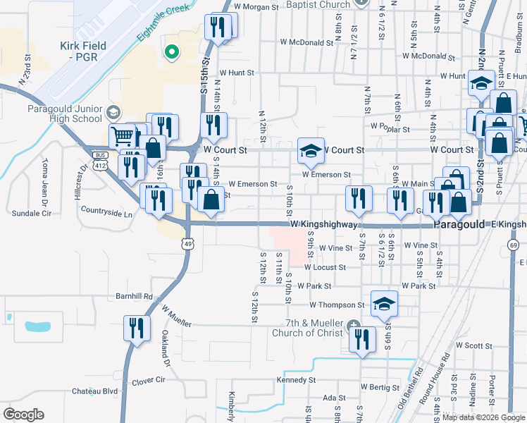 map of restaurants, bars, coffee shops, grocery stores, and more near 511 South 12th Street in Paragould