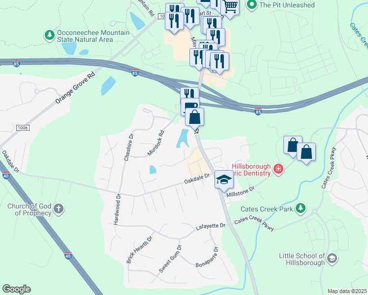 map of restaurants, bars, coffee shops, grocery stores, and more near 600 South Churton Street in Hillsborough