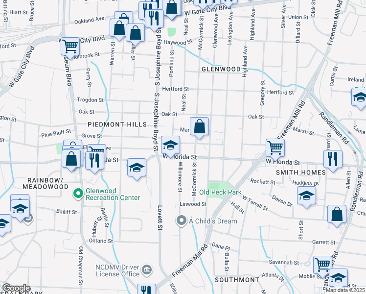 map of restaurants, bars, coffee shops, grocery stores, and more near in Greensboro