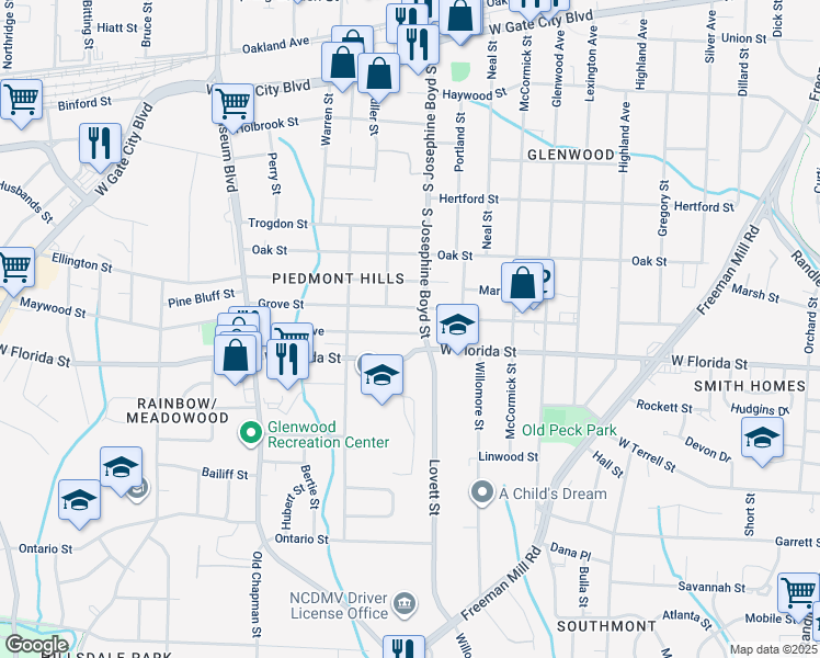 map of restaurants, bars, coffee shops, grocery stores, and more near 1506 Elwood Avenue in Greensboro