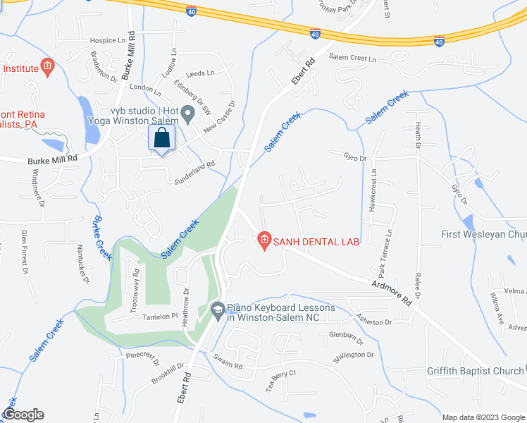 map of restaurants, bars, coffee shops, grocery stores, and more near 1955 Crest Bluff View Drive in Winston-Salem
