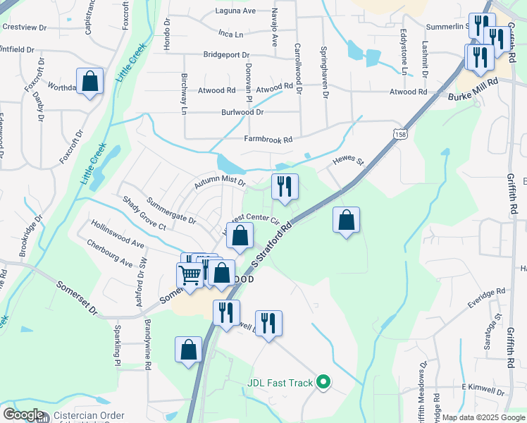 map of restaurants, bars, coffee shops, grocery stores, and more near 290 Hillcrest Center Drive in Winston-Salem