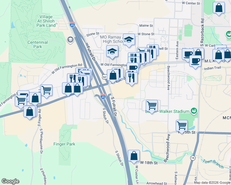 map of restaurants, bars, coffee shops, grocery stores, and more near 1000 South Futrall Drive in Fayetteville