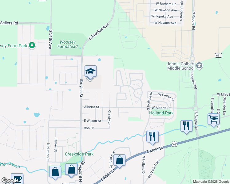 map of restaurants, bars, coffee shops, grocery stores, and more near 272 Christy Lane in Farmington