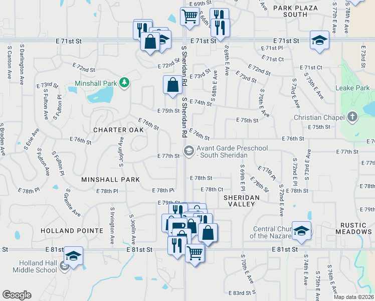 map of restaurants, bars, coffee shops, grocery stores, and more near 7607 South Sheridan Road in Tulsa