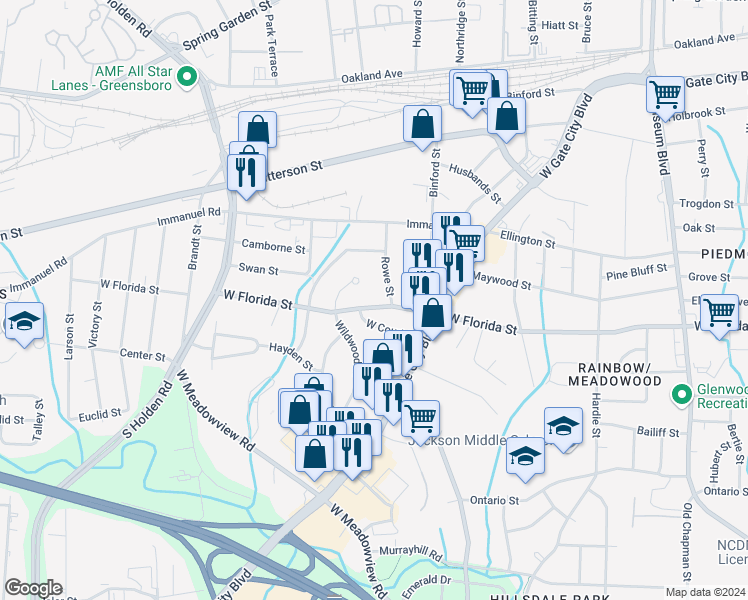 map of restaurants, bars, coffee shops, grocery stores, and more near 2604 West Florida Street in Greensboro