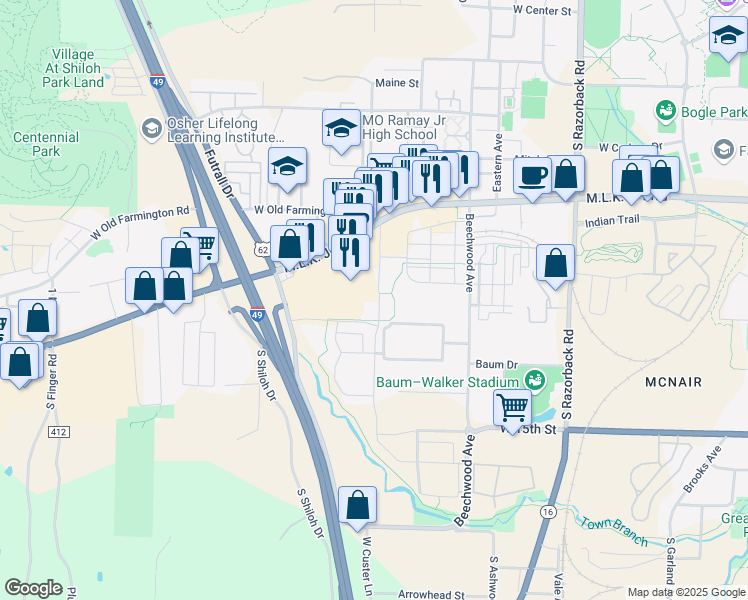 map of restaurants, bars, coffee shops, grocery stores, and more near 2117 West Best Way Street in Fayetteville